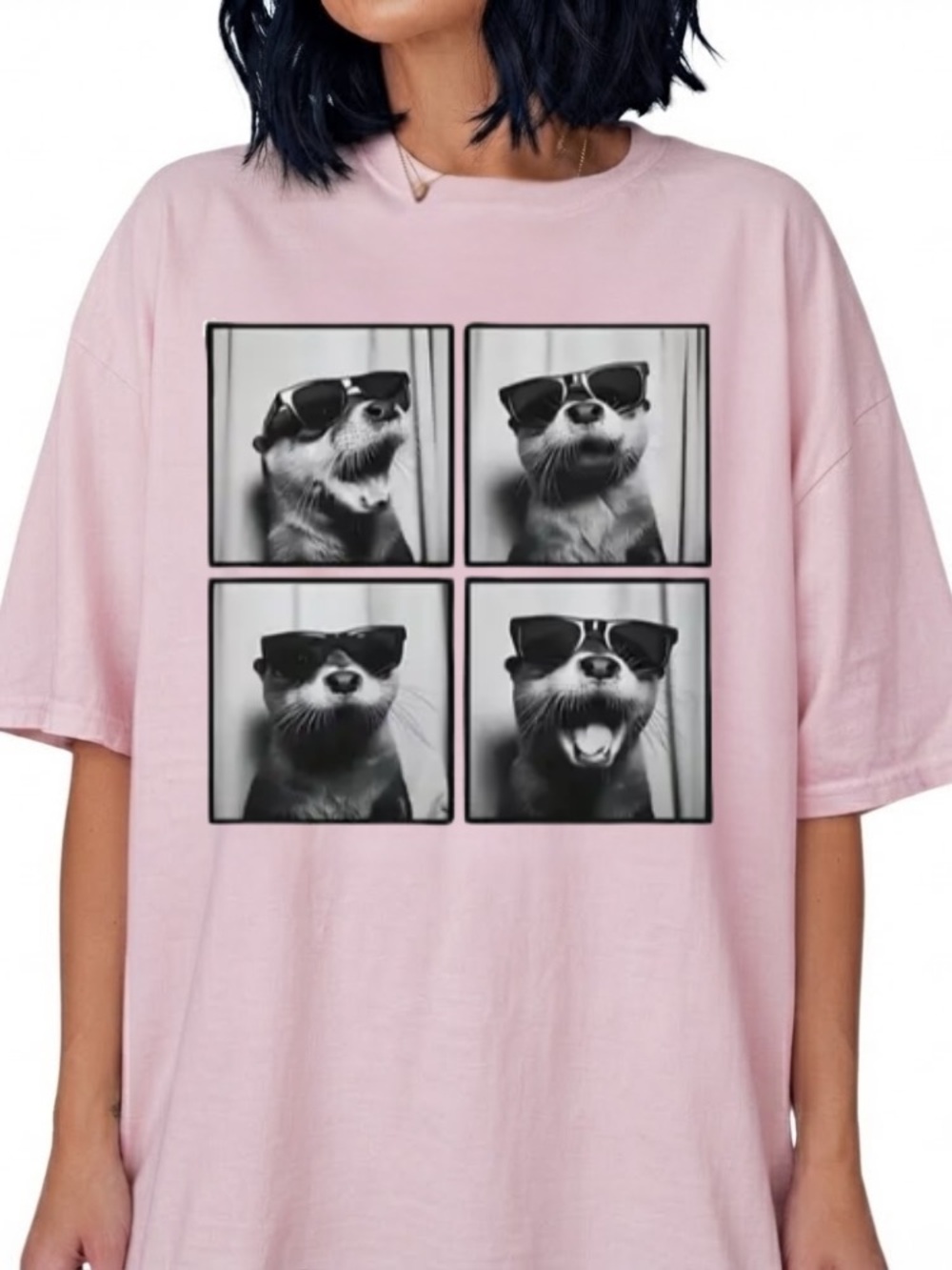 Otter Sunglasses Photobooth Four Panel Vintage Pink T-Shirt